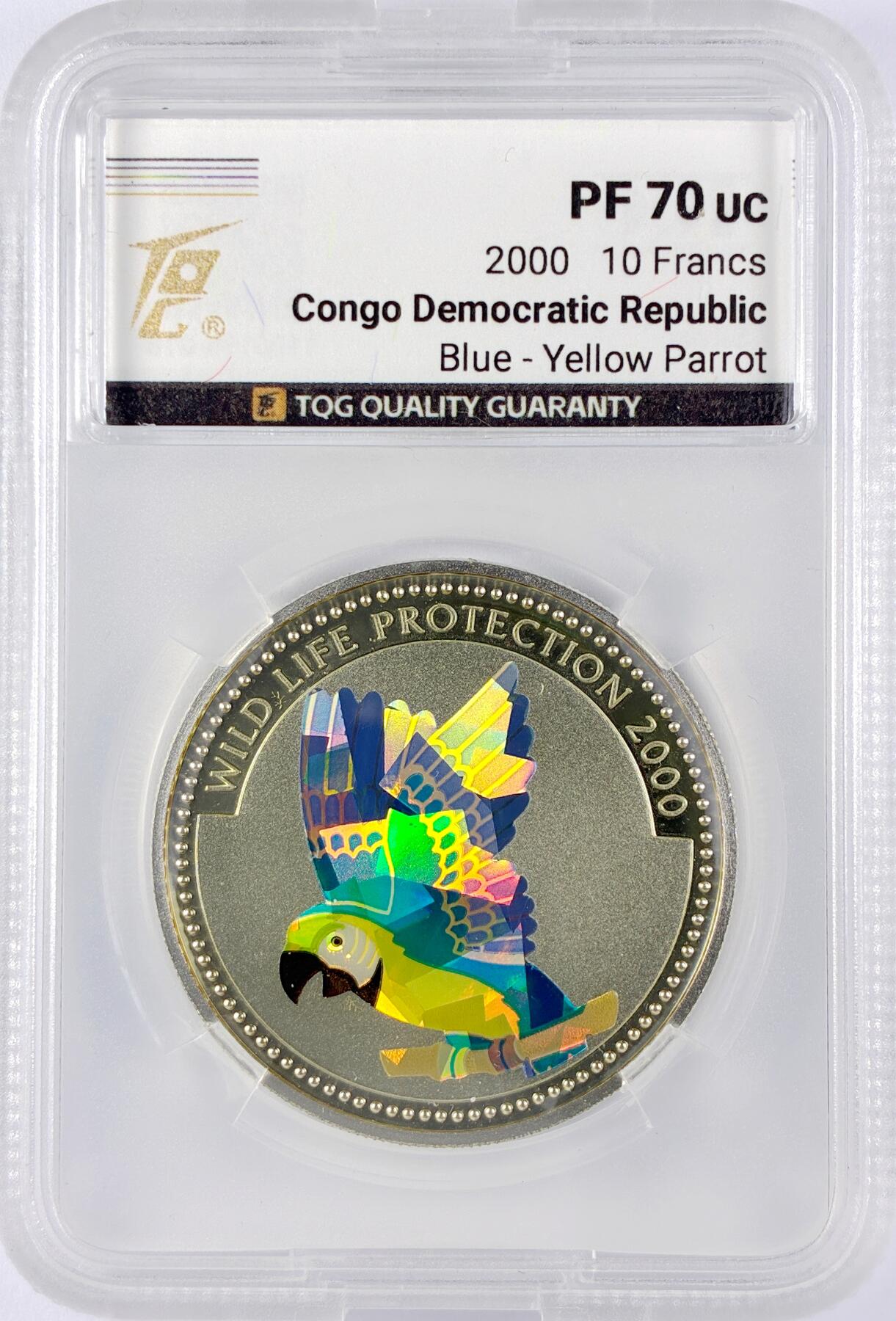 【雨安】【直播拍卖】【世界币章119期-评级币】2025-12-06 周六 19:30 保真 [评级现代] Congo 刚果 10法郎 2000年 鹦鹉 TQG-PF70UC