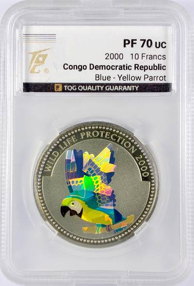 【雨安】【直播拍卖】【世界币章119期-评级币】2025-12-06 周六 19:30 保真 - [评级现代] Congo 刚果 10法郎 2000年 鹦鹉 TQG-PF70UC