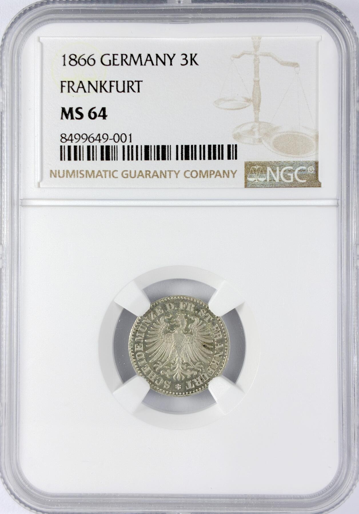 【雨安】【直播拍卖】【世界币章119期-评级币】2025-12-06 周六 19:30 保真 [评级德国] Germany 德国 德意志 法兰克福 3克鲁泽 1866年  NGC-MS64