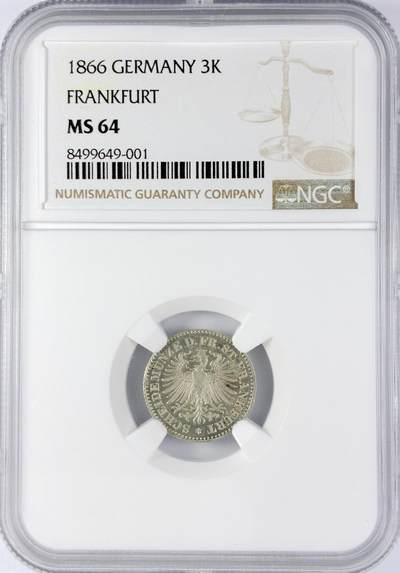 【雨安】【直播拍卖】【世界币章119期-评级币】2025-12-06 周六 19:30 保真 - [评级德国] Germany 德国 德意志 法兰克福 3克鲁泽 1866年  NGC-MS64