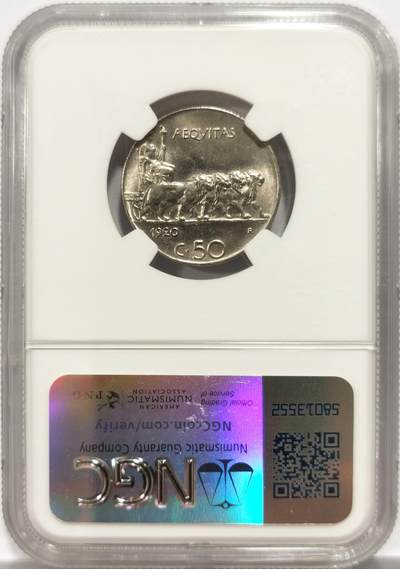博洋堂世界钱币拍卖第150期（全场包邮） NGC MS64 意大利1920年50分镍币，四狮子拉车，经典古罗马风格设计