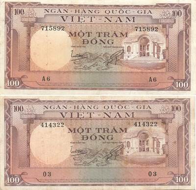 小福收藏拍卖第197期 裸钞场 本期有多张豹子号靓号 百慕大03年50元纪念钞百位号 马来亚和英属婆罗洲开国第一张纸币大冠女王 马来亚 41年1元英王乔六 法属太平洋10000法郎 捷克1000克朗纪念钞千位号  卢森堡 1000法郎  萨尔瓦多样钞 匈牙利 法罗群岛 危地马拉等多国精美纸币 - 南越 1966年 100盾 1组2张（1张双尾）VF