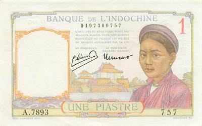 小福收藏拍卖第197期 裸钞场 本期有多张豹子号靓号 百慕大03年50元纪念钞百位号 马来亚和英属婆罗洲开国第一张纸币大冠女王 马来亚 41年1元英王乔六 法属太平洋10000法郎 捷克1000克朗纪念钞千位号  卢森堡 1000法郎  萨尔瓦多样钞 匈牙利 法罗群岛 危地马拉等多国精美纸币 - 法属印度支那 东方汇理银行 1932-49年 1皮阿斯特 无针孔 aunc