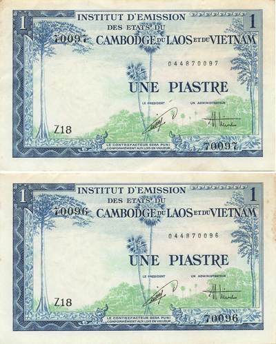 小福收藏拍卖第197期 裸钞场 本期有多张豹子号靓号 百慕大03年50元纪念钞百位号 马来亚和英属婆罗洲开国第一张纸币大冠女王 马来亚 41年1元英王乔六 法属太平洋10000法郎 捷克1000克朗纪念钞千位号  卢森堡 1000法郎  萨尔瓦多样钞 匈牙利 法罗群岛 危地马拉等多国精美纸币 - 法属印度支那 越南 1954年 1皮阿斯特 1组2张连号 ef-vf