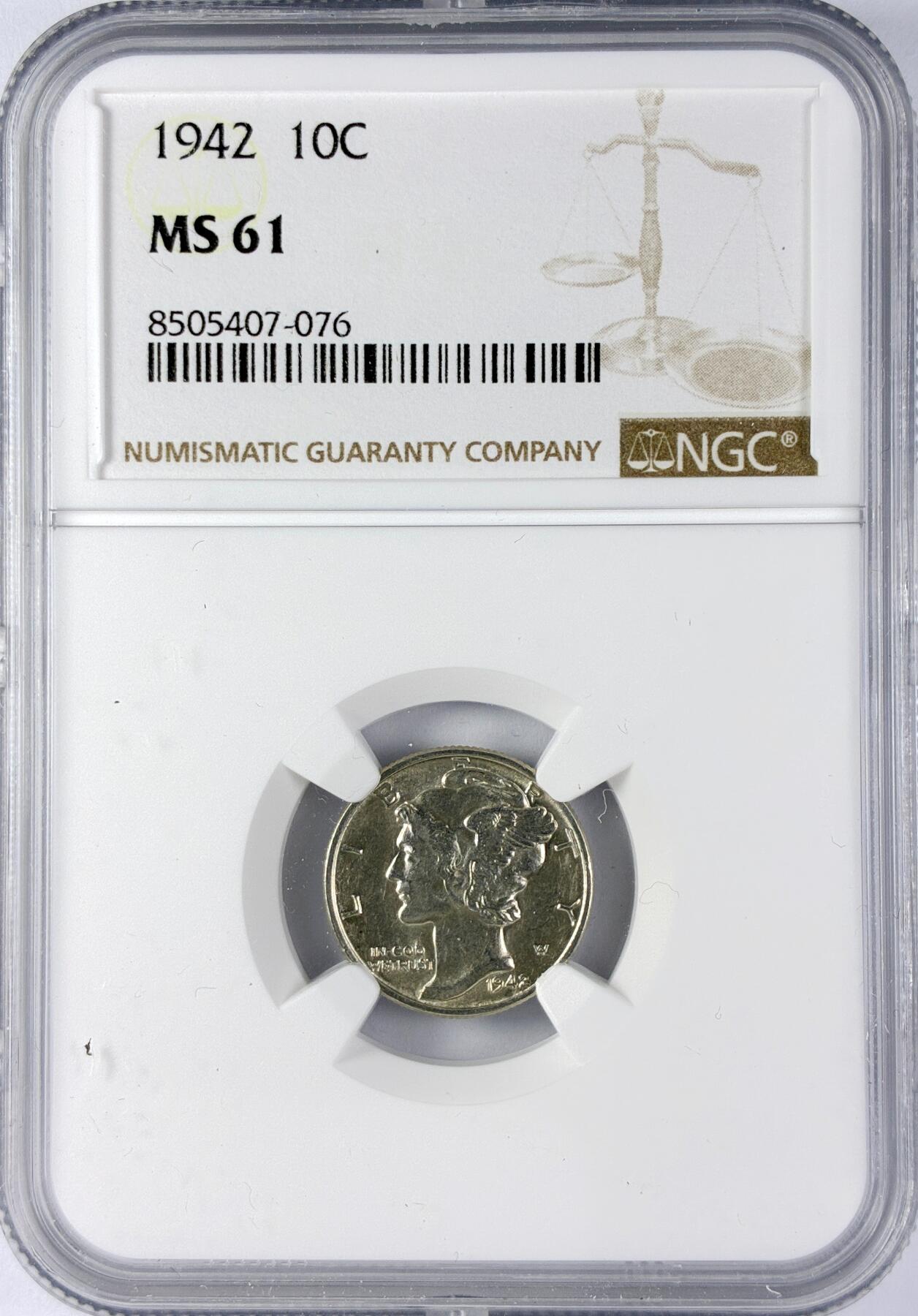 【雨安】【直播拍卖】【世界币章119期-评级币】2025-12-06 周六 19:30 保真 [评级美洲] USA 美国 10分 (1916-1945) 小飞人 1942年  NGC-MS61