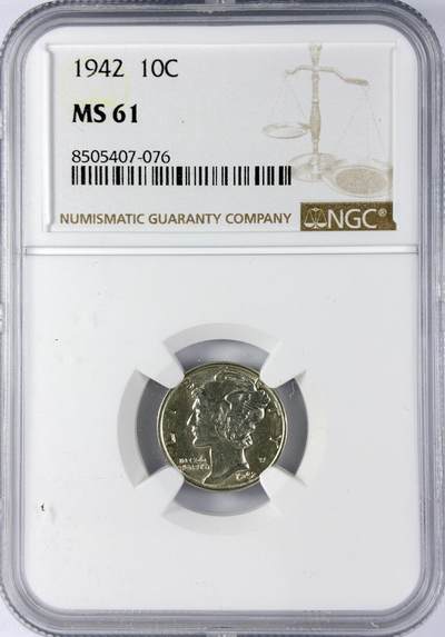 【雨安】【直播拍卖】【世界币章119期-评级币】2025-12-06 周六 19:30 保真 - [评级美洲] USA 美国 10分 (1916-1945) 小飞人 1942年  NGC-MS61