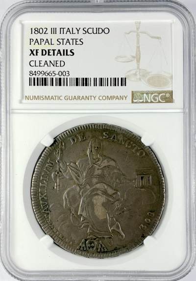 【雨安】【直播拍卖】【世界币章119期-评级币】2025-12-06 周六 19:30 保真 - [评级欧洲] Italy 意大利 Papal梵蒂冈 1斯库多 1802年  NGC-XF