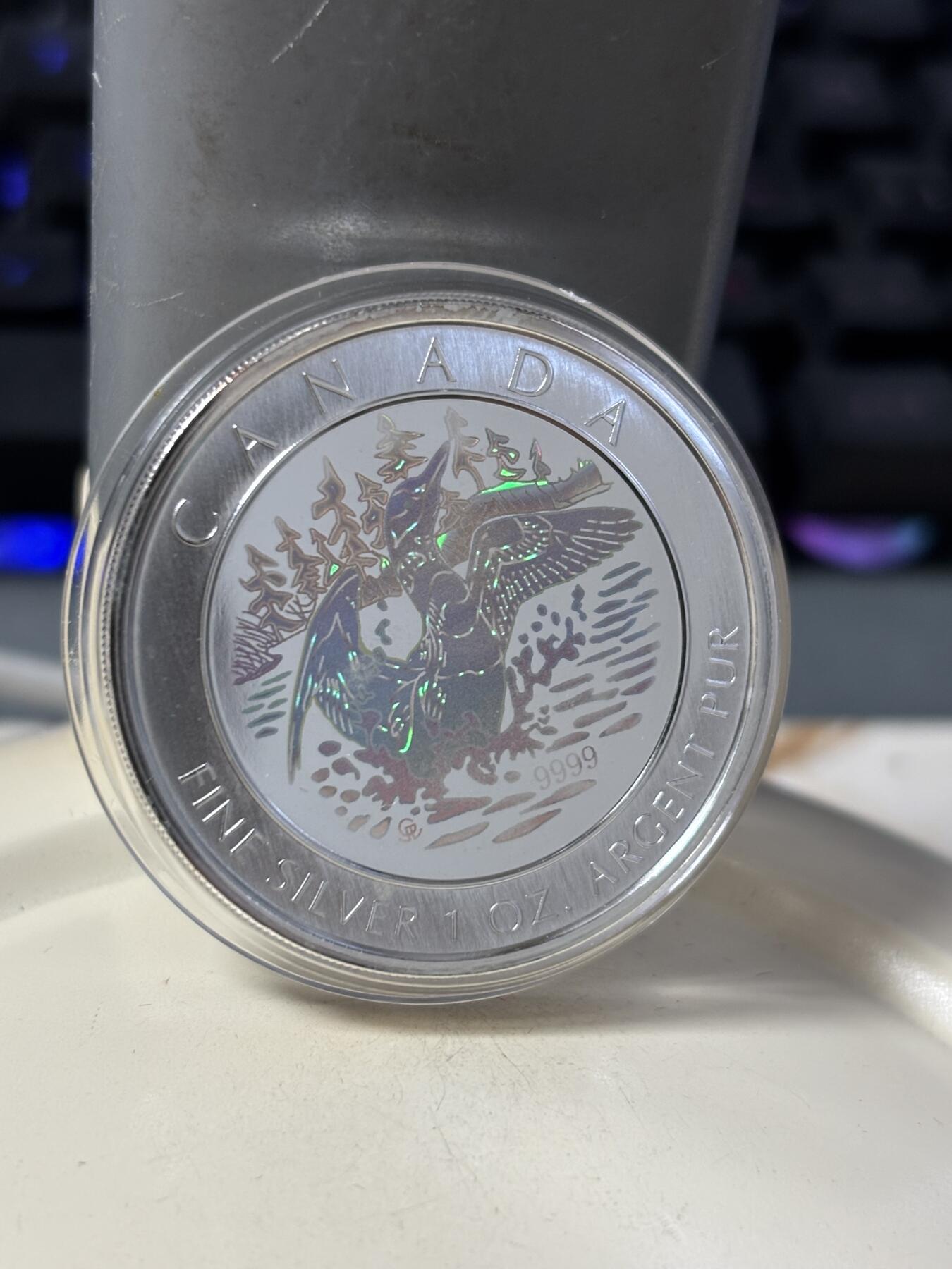 第184期拍卖 加拿大2002年潜鸟全息彩色1盎司纪念银币，9999银银价431，发行30000枚，有氧化