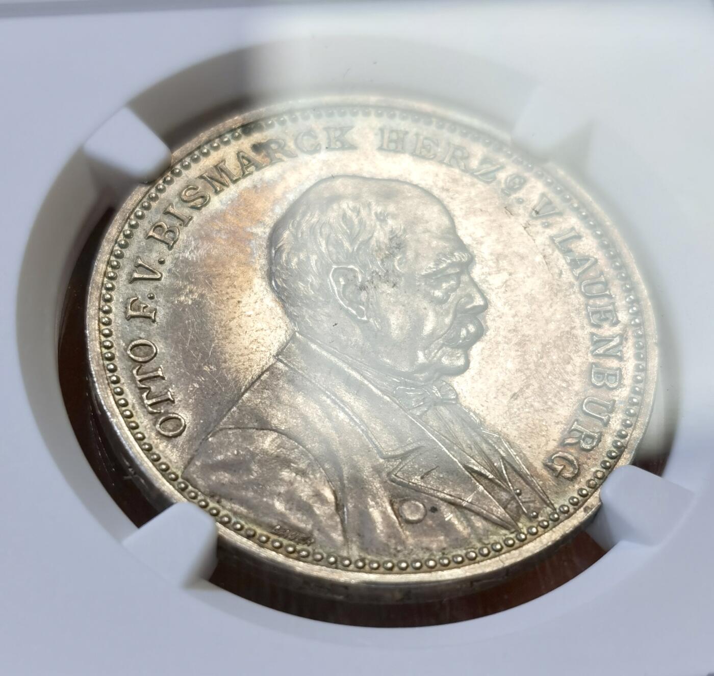 甄臻铺-世界币章拍卖（第42期）送拍享返佣金等优惠多多 NGC-MS62 1895年德国帝国导航员首相俾斯麦80大寿纪念银章 原味精制镜面 戎装日耳曼尼娅祝寿