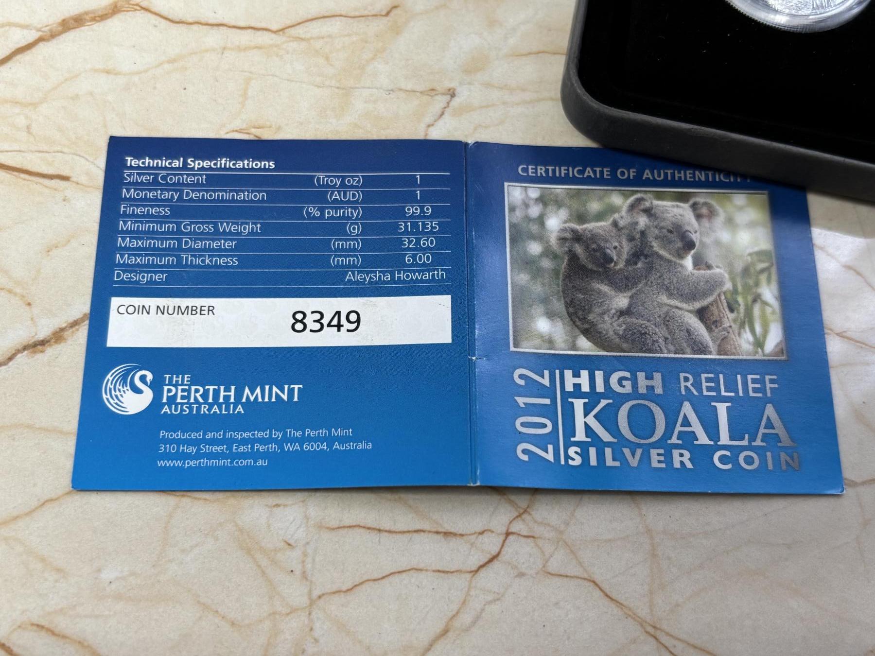 第184期拍卖 澳大利亚2012年考拉系列1盎司高浮雕加厚精制纪念银币，999银，