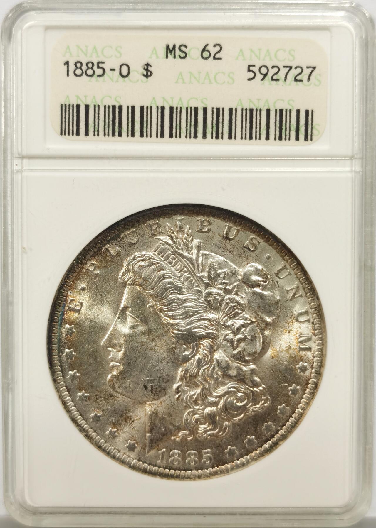 博洋堂世界钱币拍卖第150期（全场包邮） ANACS MS62 美国1885年摩根银币O版，原汁原味老包浆，状态极佳，低评，ANACS绝版经典小白盒，盒子本身就是古董级别的收藏品。