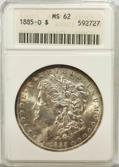 博洋堂世界钱币拍卖第150期（全场包邮） - ANACS MS62 美国1885年摩根银币O版，原汁原味老包浆，状态极佳，低评，ANACS绝版经典小白盒，盒子本身就是古董级别的收藏品。