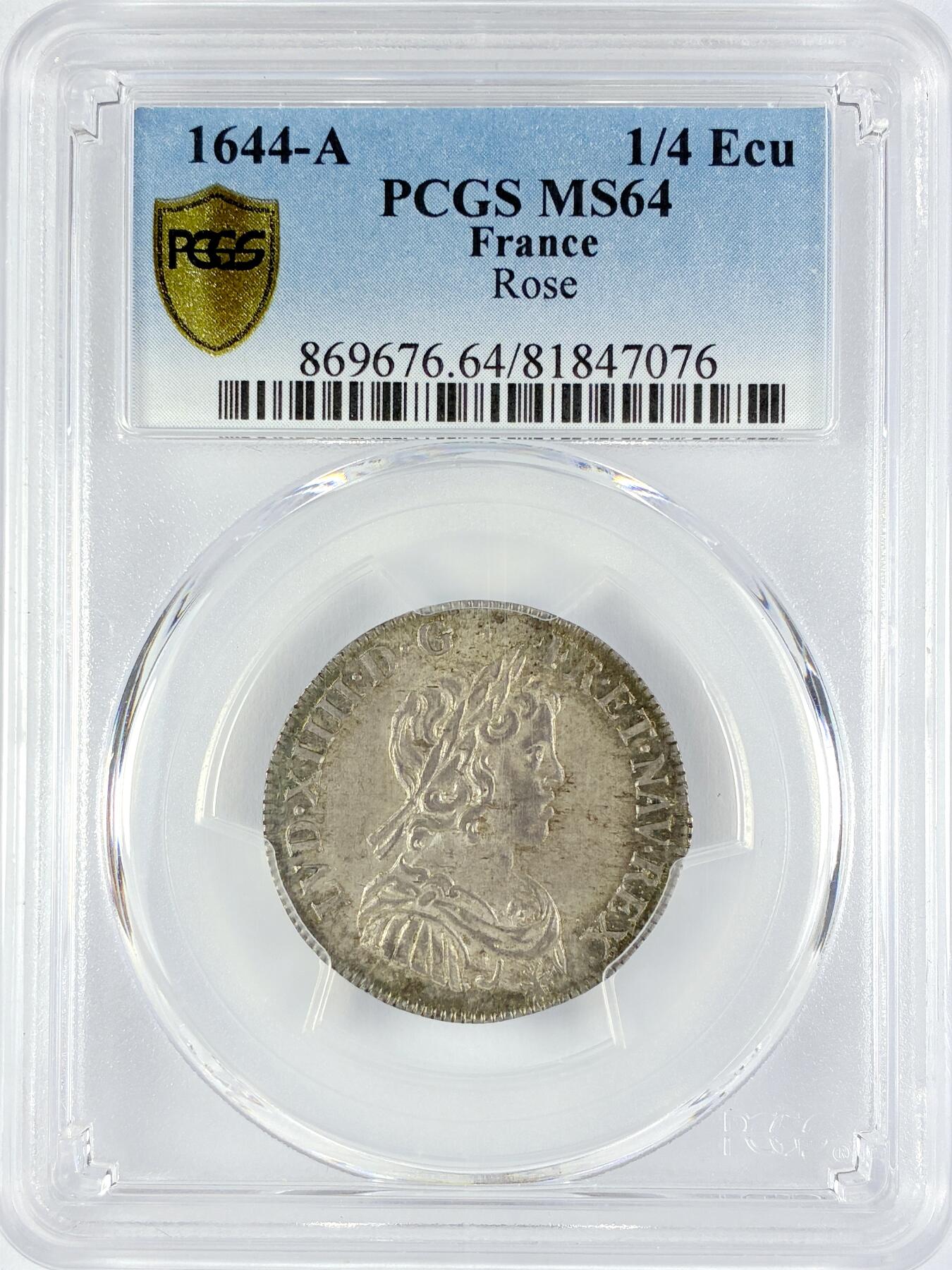 【雨安】【直播拍卖】【世界币章119期-评级币】2025-12-06 周六 19:30 保真 [评级法国] France 法国 1/4埃居 1644年 路易十四  PCGS-MS64