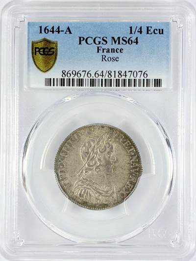 【雨安】【直播拍卖】【世界币章119期-评级币】2025-12-06 周六 19:30 保真 - [评级法国] France 法国 1/4埃居 1644年 路易十四  PCGS-MS64