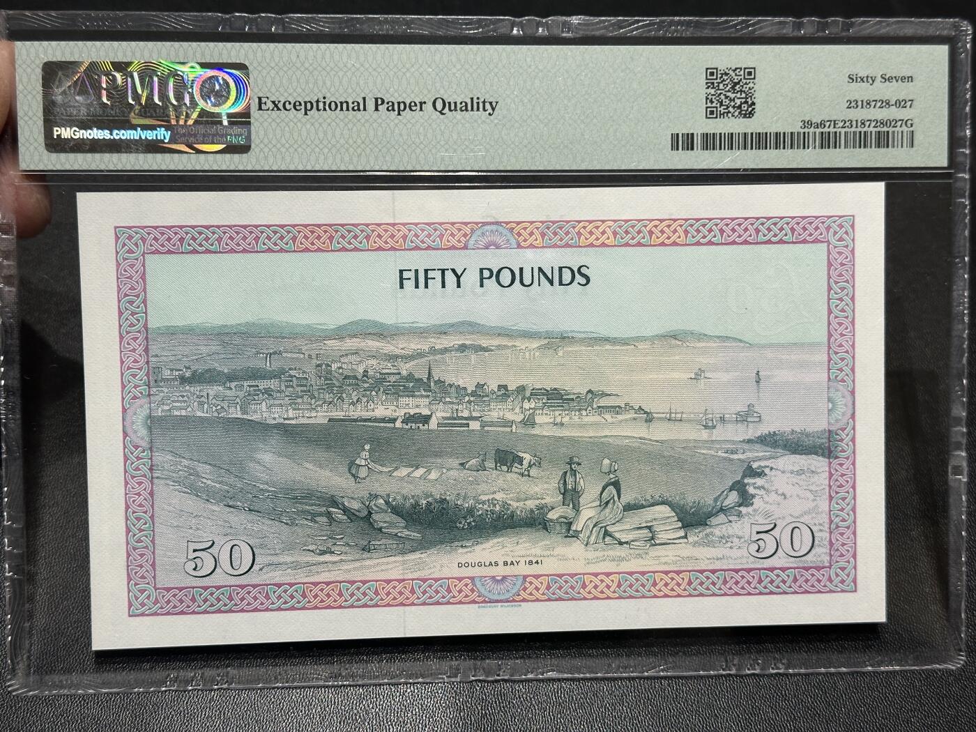 《外钞收藏家》第五百九十一期（畅拍场）（本平台长期征集拍品、欢迎藏友们联系合作） 1983年马恩岛50镑 PMG67 无47靓号尾862 BWC经典版
