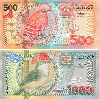 小福收藏拍卖第197期 裸钞场 本期有多张豹子号靓号 百慕大03年50元纪念钞百位号 马来亚和英属婆罗洲开国第一张纸币大冠女王 马来亚 41年1元英王乔六 法属太平洋10000法郎 捷克1000克朗纪念钞千位号  卢森堡 1000法郎  萨尔瓦多样钞 匈牙利 法罗群岛 危地马拉等多国精美纸币 - 苏里南 2000年 500盾 无47+ 1000盾 1组2张 unc