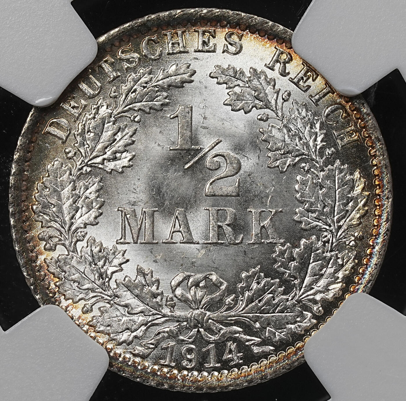 修遠堂世界钱币第九十六期 NGC MS67 1914年德国1/2马克银币 A厂铭