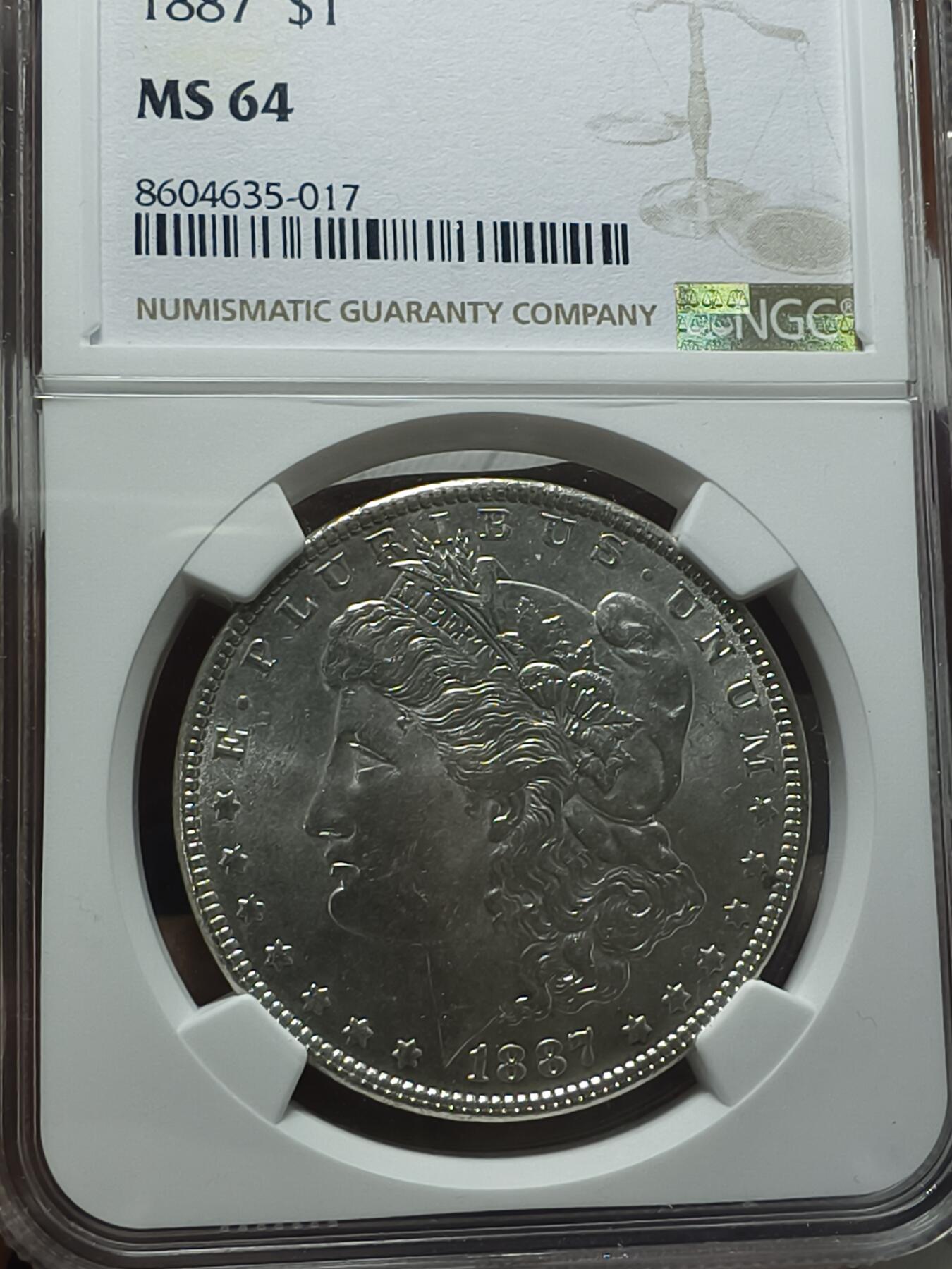老银元专场（本场拍品丰富，两位宝主提供） 摩根银币1887，NGC评级64