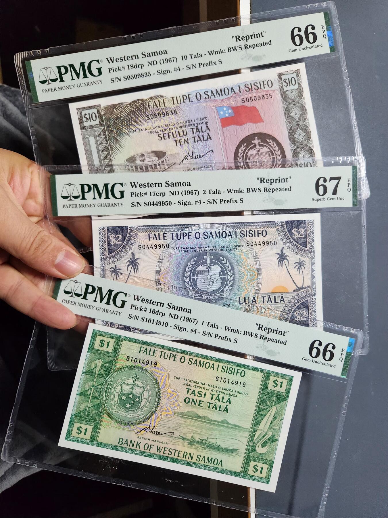 12月5号晚上8点 评级币专场外国纸币自动截拍第68场 西萨摩亚 1967年1,2,10塔拉 PMG66,67 全套