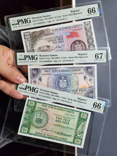 12月5号晚上8点 评级币专场外国纸币自动截拍第68场 - 西萨摩亚 1967年1,2,10塔拉 PMG66,67 全套