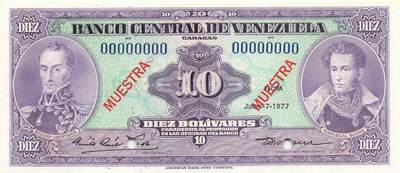 小福收藏拍卖第197期 裸钞场 本期有多张豹子号靓号 百慕大03年50元纪念钞百位号 马来亚和英属婆罗洲开国第一张纸币大冠女王 马来亚 41年1元英王乔六 法属太平洋10000法郎 捷克1000克朗纪念钞千位号  卢森堡 1000法郎  萨尔瓦多样钞 匈牙利 法罗群岛 危地马拉等多国精美纸币 - 委内瑞拉 1977年 10玻利尔 样钞 unc