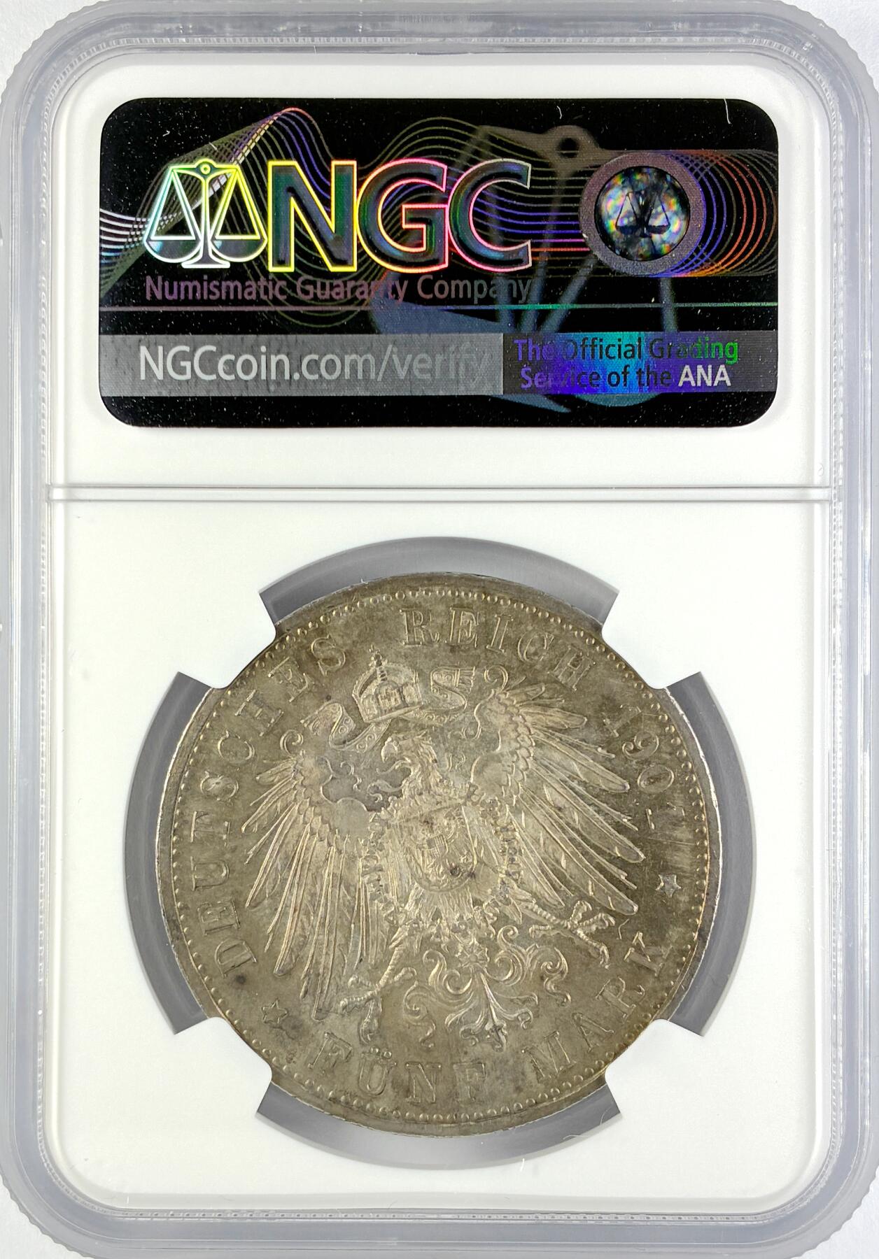 【雨安】【直播拍卖】【世界币章119期-评级币】2025-12-06 周六 19:30 保真 [评级德国] Germany 德国 帝国 J.150 萨克森-迈宁根 5马克 1901年  NGC-MS62