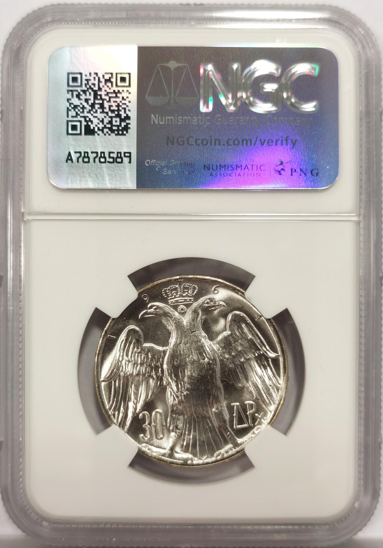 博洋堂世界钱币拍卖第150期（全场包邮） NGC MS65 希腊1964年康斯坦丁二世结婚纪念30德拉克马银币，原卷拆出品质，与66分无异的状态现在仅花65分的价格就能买到，晃眼曝光状态，可对比寻常MS品相光度以及打制。