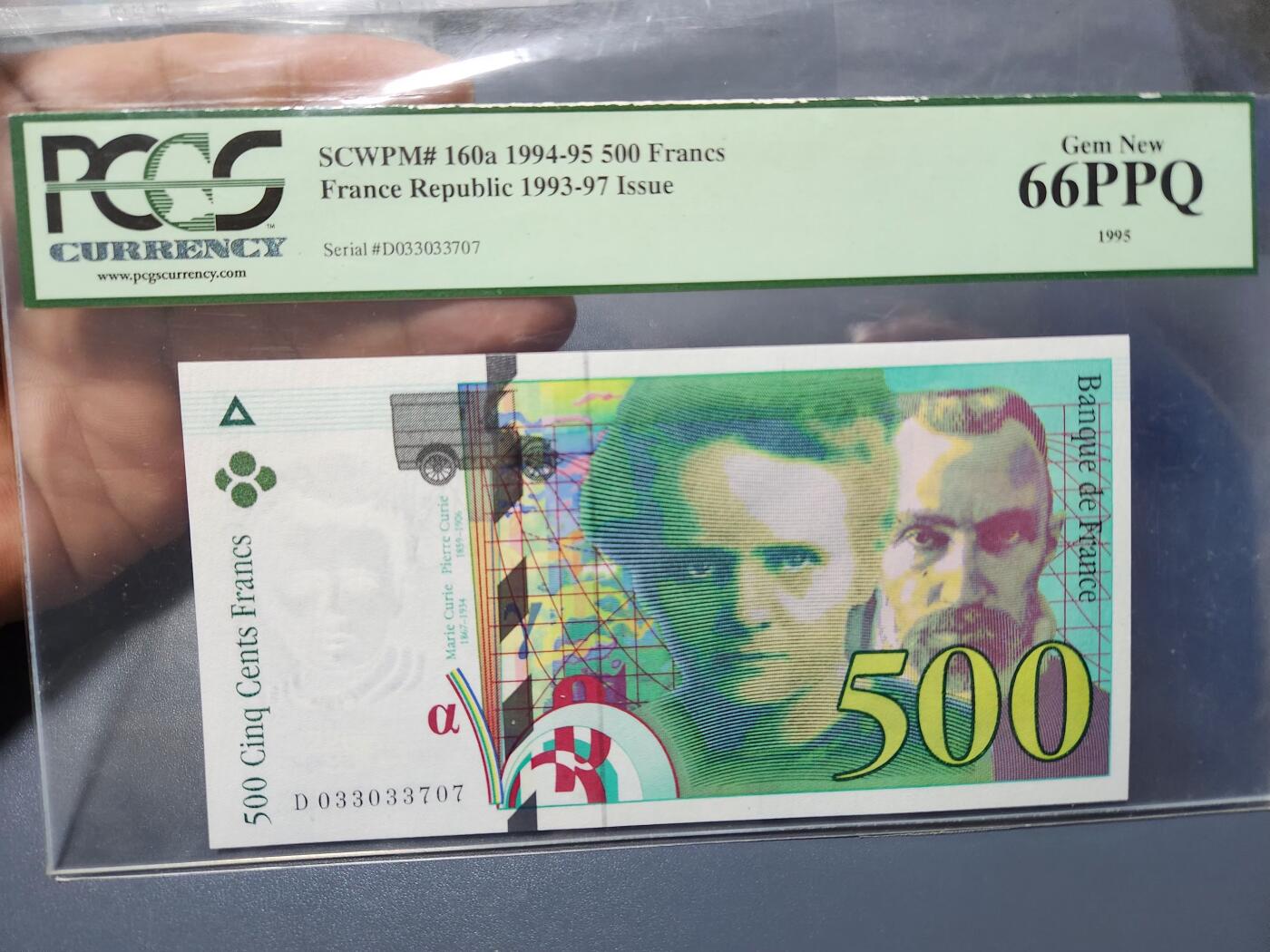 12月5号晚上8点 评级币专场外国纸币自动截拍第68场 1995年500法郎 稀少年份 PCGS66