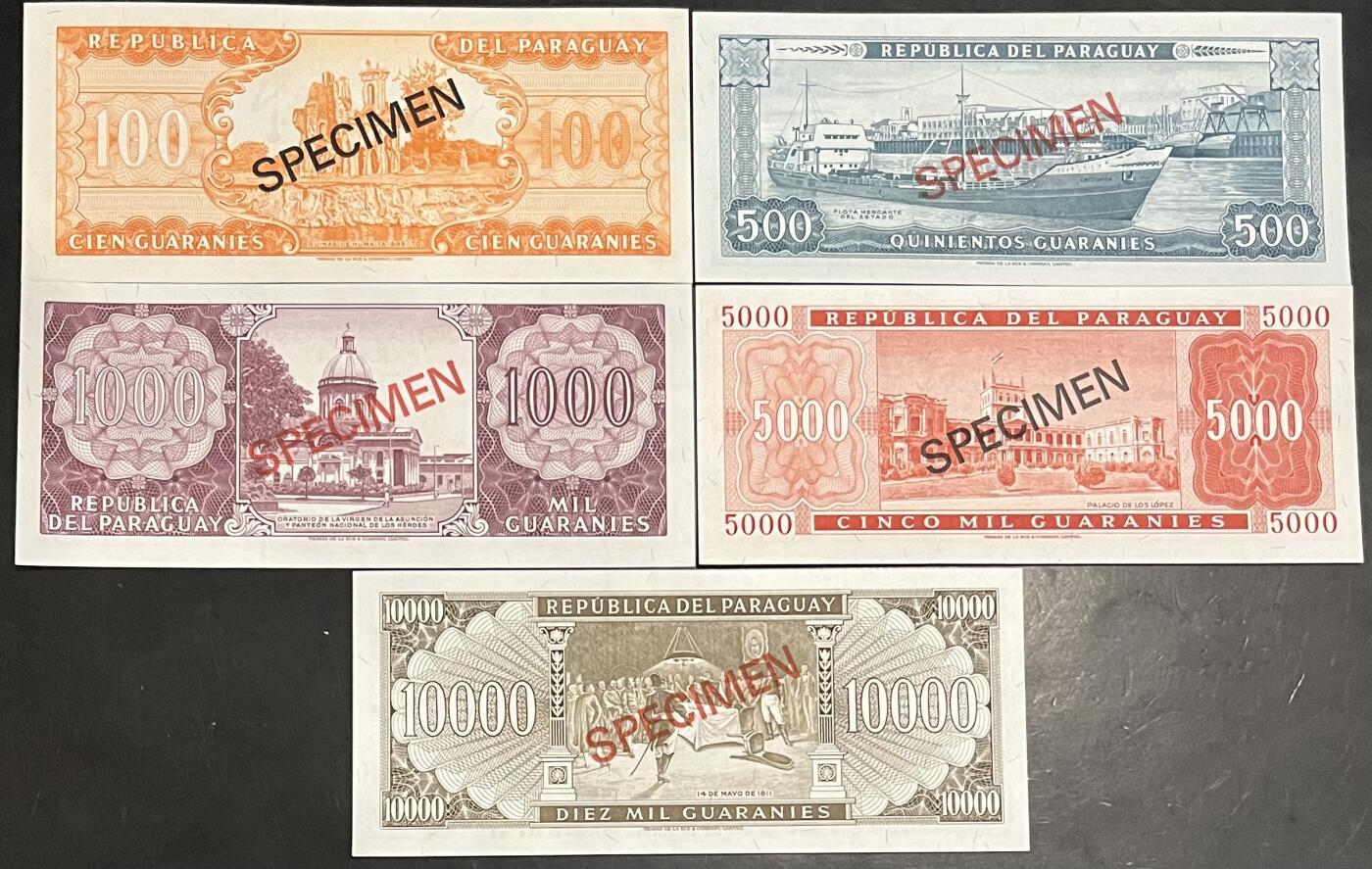 小福收藏拍卖第197期 裸钞场 本期有多张豹子号靓号 百慕大03年50元纪念钞百位号 马来亚和英属婆罗洲开国第一张纸币大冠女王 马来亚 41年1元英王乔六 法属太平洋10000法郎 捷克1000克朗纪念钞千位号  卢森堡 1000法郎  萨尔瓦多样钞 匈牙利 法罗群岛 危地马拉等多国精美纸币 巴拉圭 1979年 100 500 1000 5000 10000瓜拉尼 样钞 全同千位号006833 5张套 unc