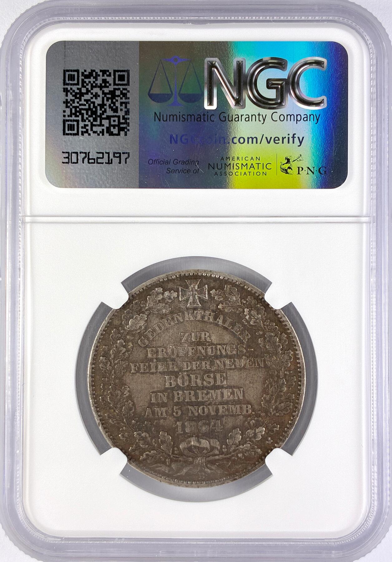 【雨安】【直播拍卖】【世界币章119期-评级币】2025-12-06 周六 19:30 保真 [评级德国] Germany 德国 德意志 1泰勒 Bremen不莱梅 Thun.125 1864年 不莱梅交易所  NGC-AU58 名誉品种