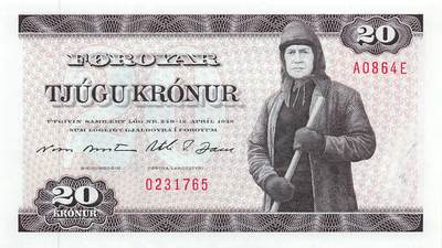 小福收藏拍卖第197期 裸钞场 本期有多张豹子号靓号 百慕大03年50元纪念钞百位号 马来亚和英属婆罗洲开国第一张纸币大冠女王 马来亚 41年1元英王乔六 法属太平洋10000法郎 捷克1000克朗纪念钞千位号  卢森堡 1000法郎  萨尔瓦多样钞 匈牙利 法罗群岛 危地马拉等多国精美纸币 - 法罗群岛 1986年 20克朗 首年 首冠A0冠 乱蛇号 尾顺子 unc