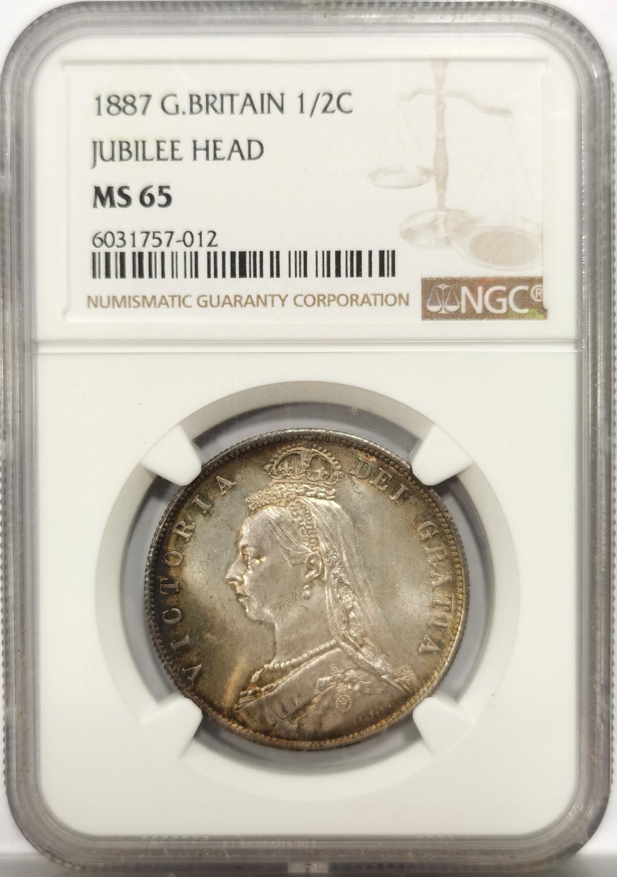 博洋堂世界钱币拍卖第150期（全场包邮） NGC MS65 英国1887年维多利亚半克朗银币，五彩黄金包浆，所见最美状态，收藏级别