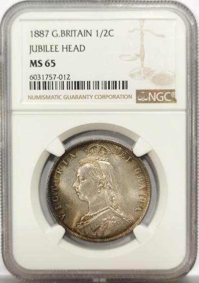 博洋堂世界钱币拍卖第150期（全场包邮） - NGC MS65 英国1887年维多利亚半克朗银币，五彩黄金包浆，所见最美状态，收藏级别