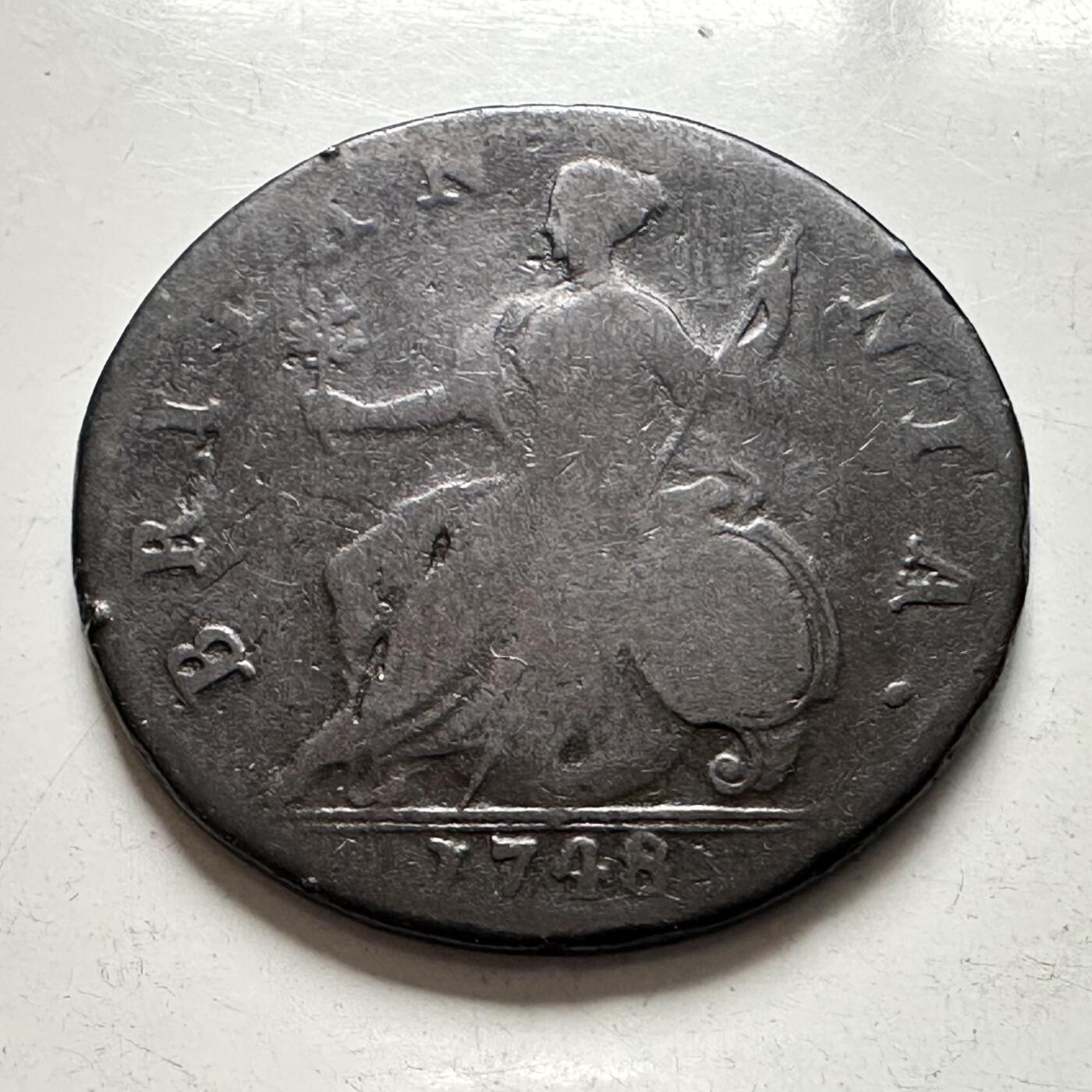 🌹外币初藏🌹🐯2025年第136场  每周二四六晚8️⃣点 接代拍 英国1748年乔治二世1/2便士铜币 29毫米