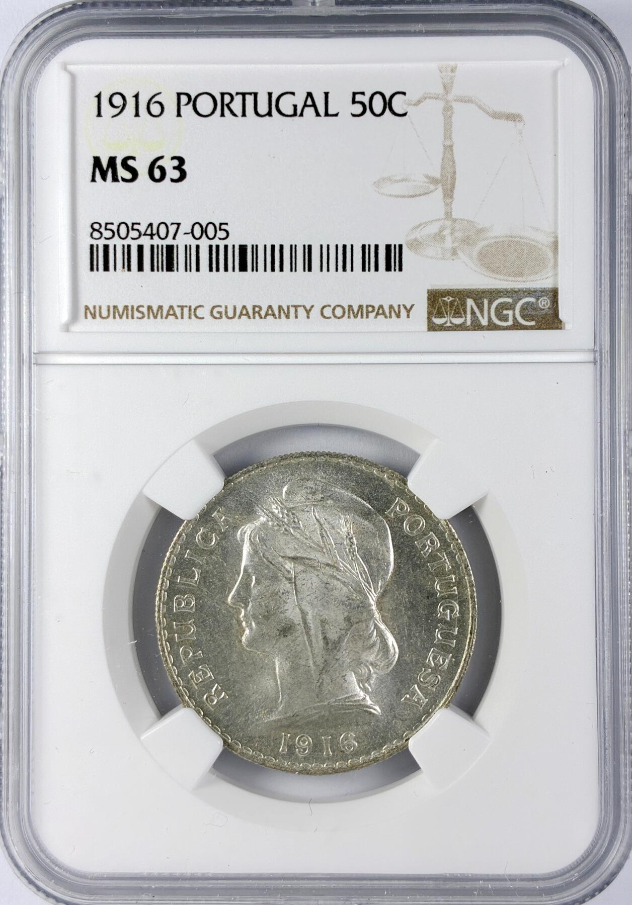 【雨安】【直播拍卖】【世界币章119期-评级币】2025-12-06 周六 19:30 保真 [评级欧洲] Portugal 葡萄牙 共和国 50分 1916年  NGC-MS63