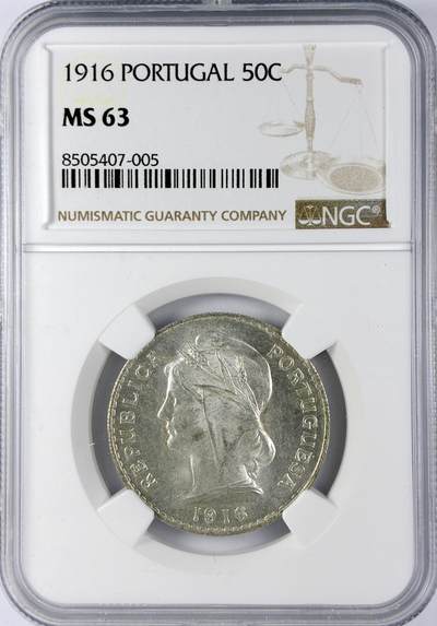 【雨安】【直播拍卖】【世界币章119期-评级币】2025-12-06 周六 19:30 保真 - [评级欧洲] Portugal 葡萄牙 共和国 50分 1916年  NGC-MS63