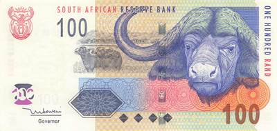 小福收藏拍卖第197期 裸钞场 本期有多张豹子号靓号 百慕大03年50元纪念钞百位号 马来亚和英属婆罗洲开国第一张纸币大冠女王 马来亚 41年1元英王乔六 法属太平洋10000法郎 捷克1000克朗纪念钞千位号  卢森堡 1000法郎  萨尔瓦多样钞 匈牙利 法罗群岛 危地马拉等多国精美纸币 - 南非 2005年 100兰特 无47 unc