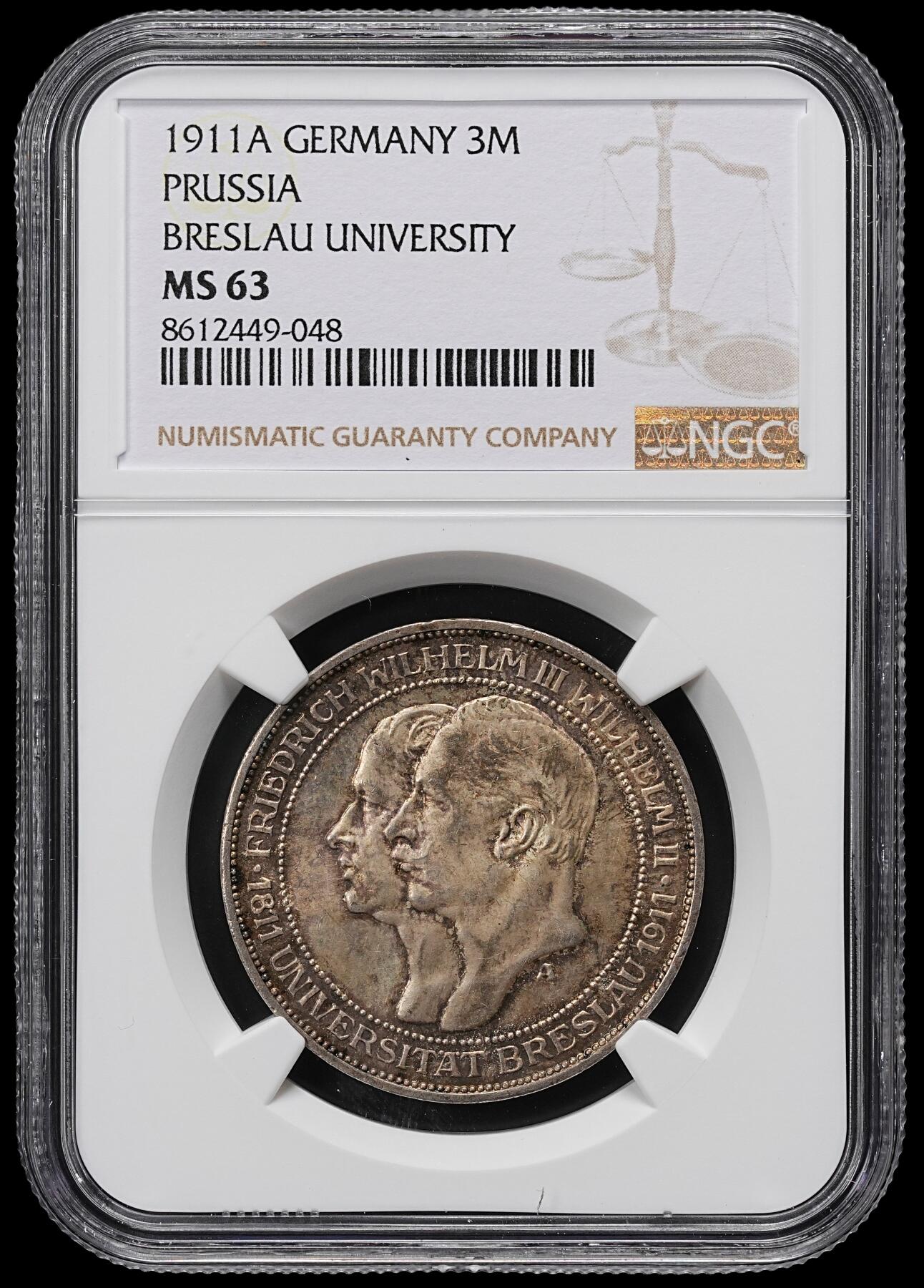 修遠堂世界钱币第九十六期 NGC MS634 1911年普鲁士-布雷斯劳大学百年纪念3马克银币