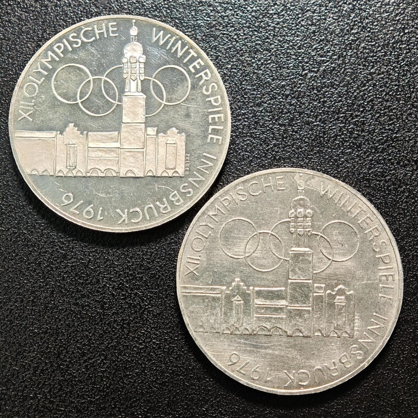 【德藏】世界币章拍卖第156期（拍品征集中~欢迎藏友联系） 2枚一组 1976年 奥地利因斯布鲁克冬季奥运会100先令纪念银币 精制普制各一枚 直径约：36mm/枚；重约：24g/枚