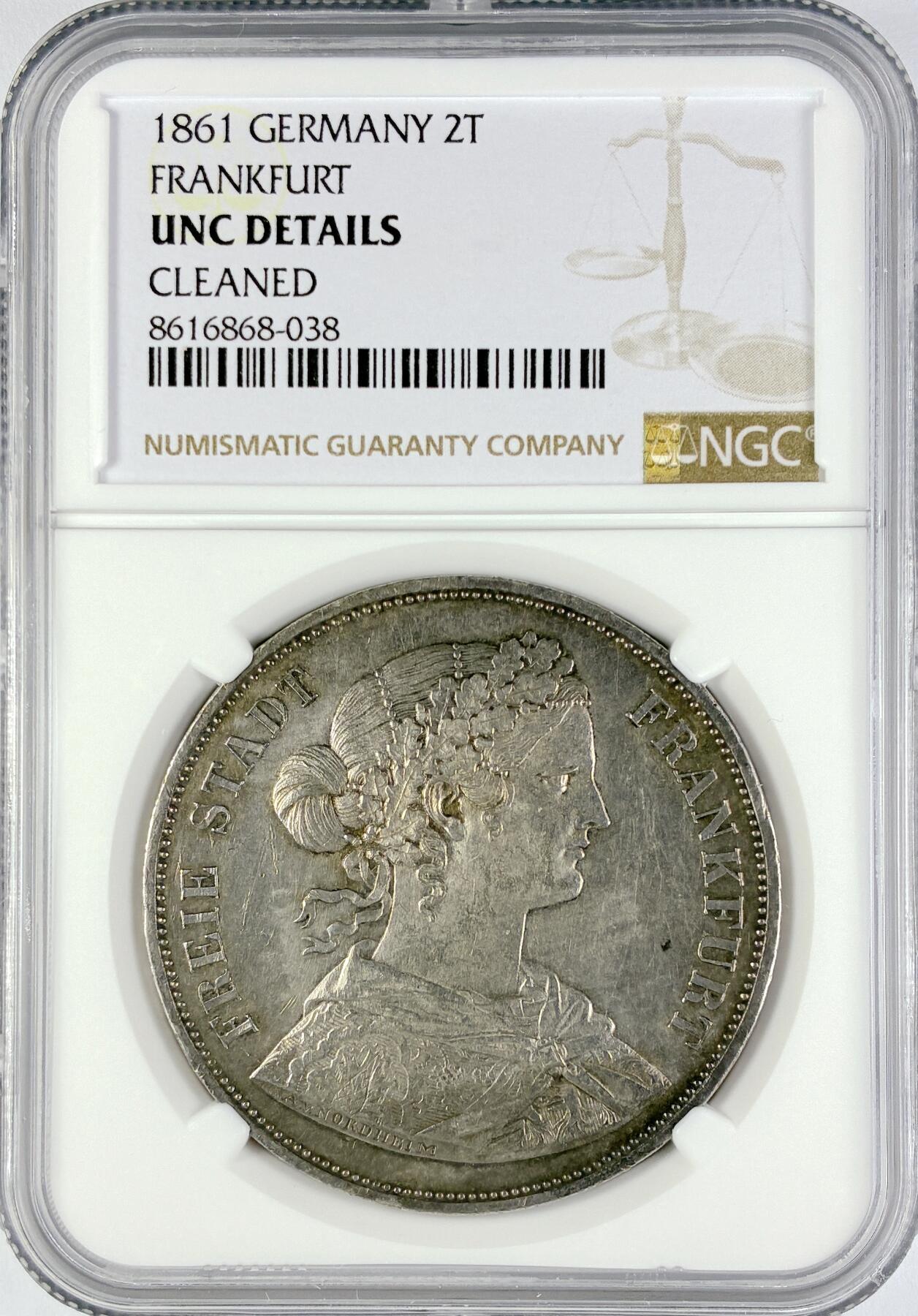 【雨安】【直播拍卖】【世界币章119期-评级币】2025-12-06 周六 19:30 保真 [评级德国] Germany 德国 德意志 2泰勒 Frankfurt法兰克福 Thun.145 KM#0365 (1860-1866) 法兰克福少女 1861年  NGC-UNC