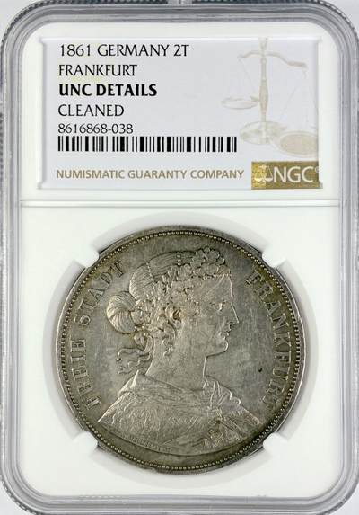 【雨安】【直播拍卖】【世界币章119期-评级币】2025-12-06 周六 19:30 保真 - [评级德国] Germany 德国 德意志 2泰勒 Frankfurt法兰克福 Thun.145 KM#0365 (1860-1866) 法兰克福少女 1861年  NGC-UNC