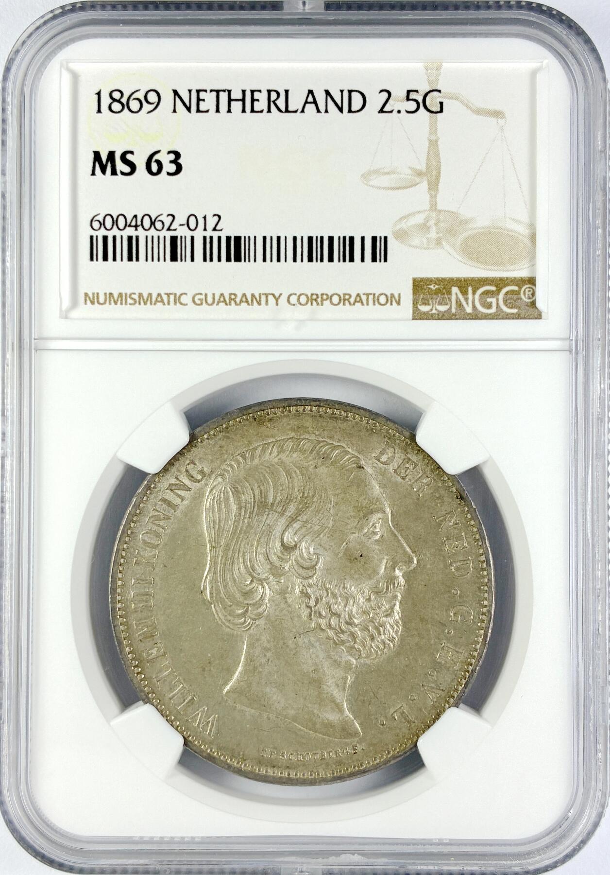 【雨安】【直播拍卖】【世界币章119期-评级币】2025-12-06 周六 19:30 保真 [评级欧洲] Netherlands 荷兰 王国 2.5盾 1869年 威廉三世  NGC-MS63