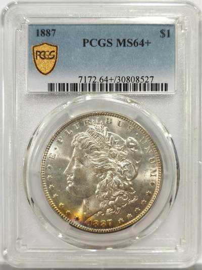 博洋堂世界钱币拍卖第150期（全场包邮） PCGS MS64+ 美国1887摩根银币 鹰面绚丽色阶五彩 人像面小月牙彩