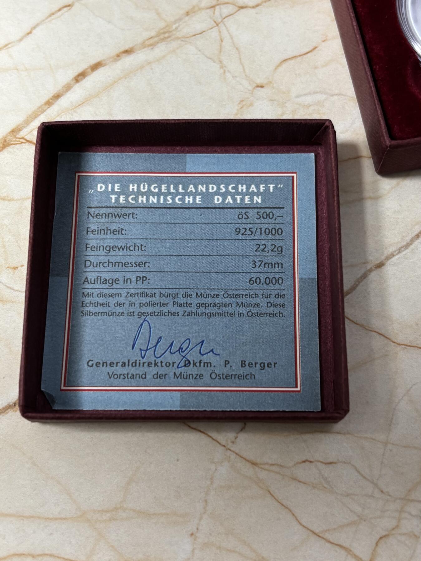 第184期拍卖 奥地利1995年奥地利农妇掏南瓜500先令精制银币，925银，22.2克，发行60000枚，没有纸套