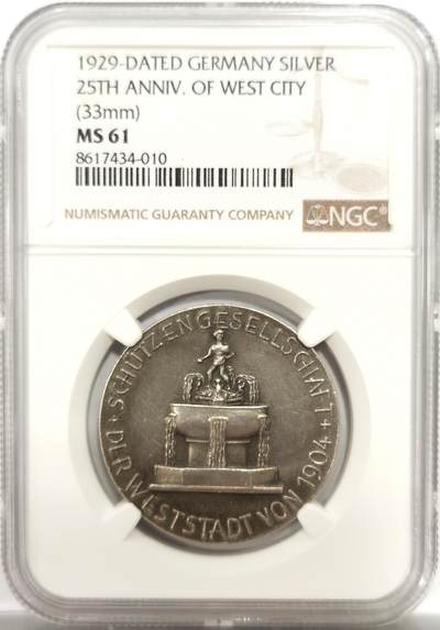 博洋堂世界钱币拍卖第150期（全场包邮） - NGC MS61 德国1929年西城区射击协会成立25周年纪念银章