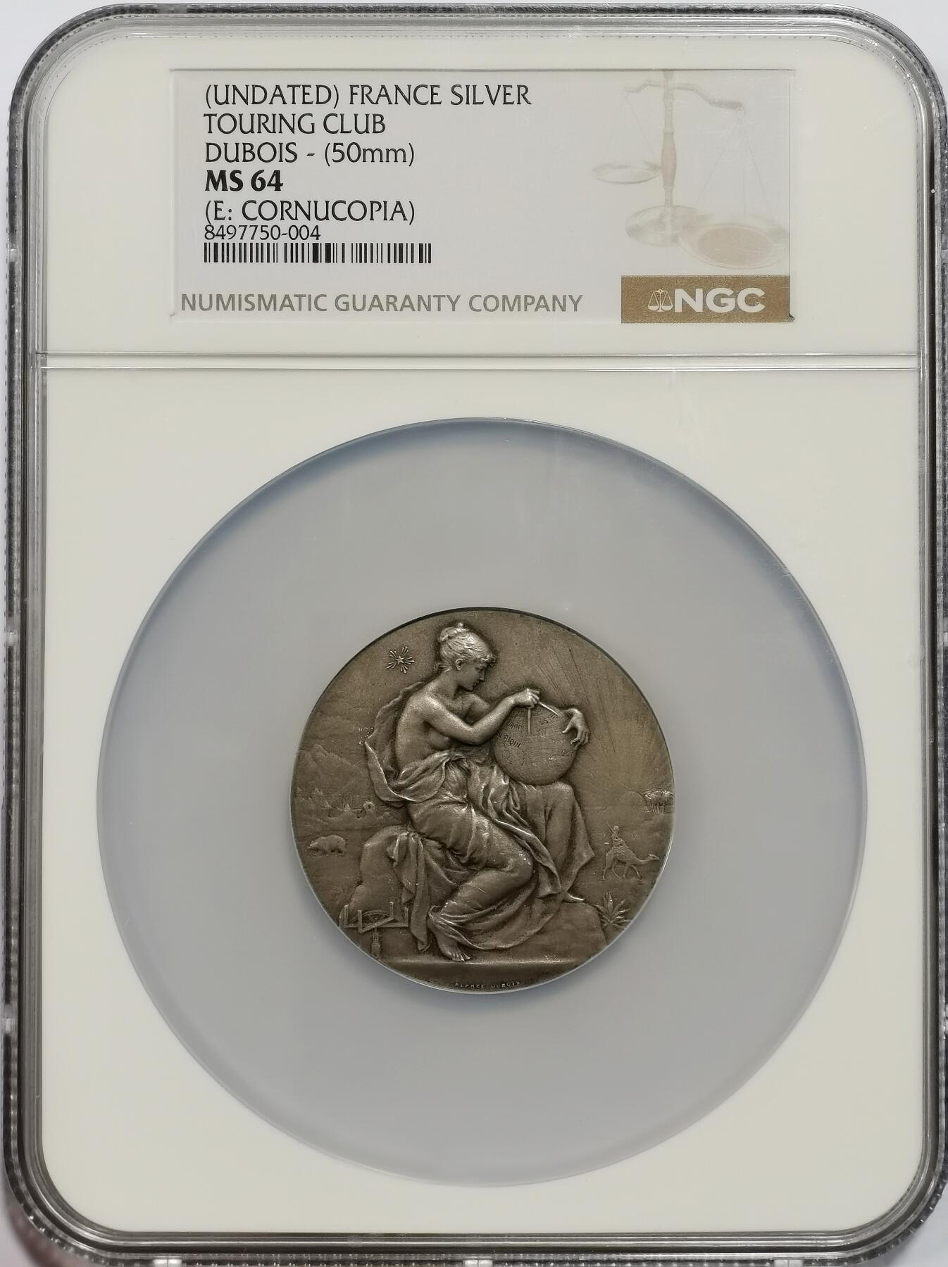 博洋堂世界钱币拍卖第150期（全场包邮） NGC MS64 冠军分！1910年左右法国旅游协会50mm巨大银章。清凉女神唯美浪漫。这一款多见40mm的，50mm加大盒子款极其少见，ms高分更是稀有！