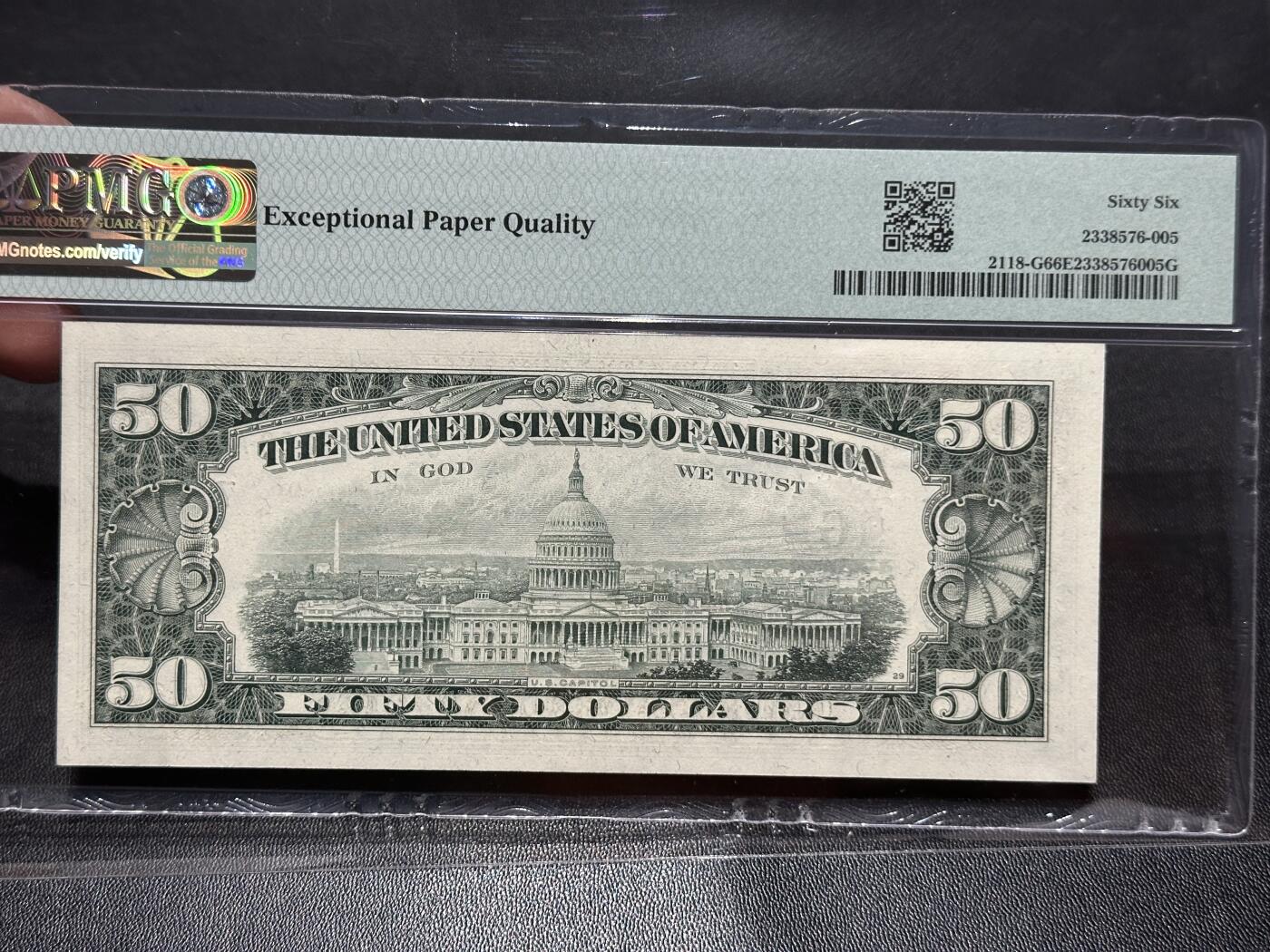 《外钞收藏家》第五百九十一期（畅拍场）（本平台长期征集拍品、欢迎藏友们联系合作） 1974年美国小头版50美元 PMG66 尾88