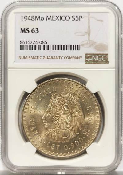 博洋堂世界钱币拍卖第150期（全场包邮） - NGC MS63 墨西哥1948年玛雅酋长5比索鹰洋银币，原汁原味老包浆，转光强烈细节优秀，极美黄油彩，状态极佳。