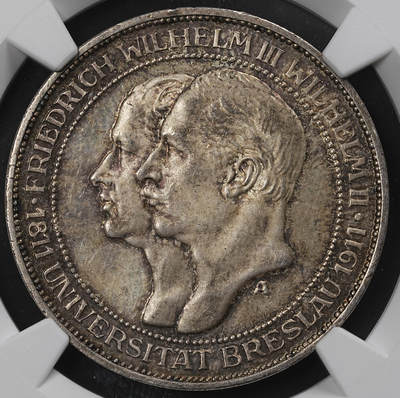 修遠堂世界钱币第九十六期 - NGC MS634 1911年普鲁士-布雷斯劳大学百年纪念3马克银币
