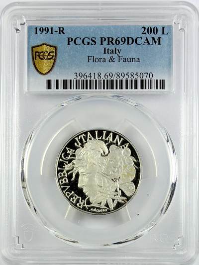 【雨安】【直播拍卖】【世界币章119期-评级币】2025-12-06 周六 19:30 保真 - [评级现代] Italy 意大利 200里拉 1991年 动物和植物 PCGS-PR69DCAM